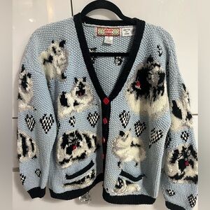 Cardigan Bay vintage hand knit dog design cardigan sweater HSN blue black white